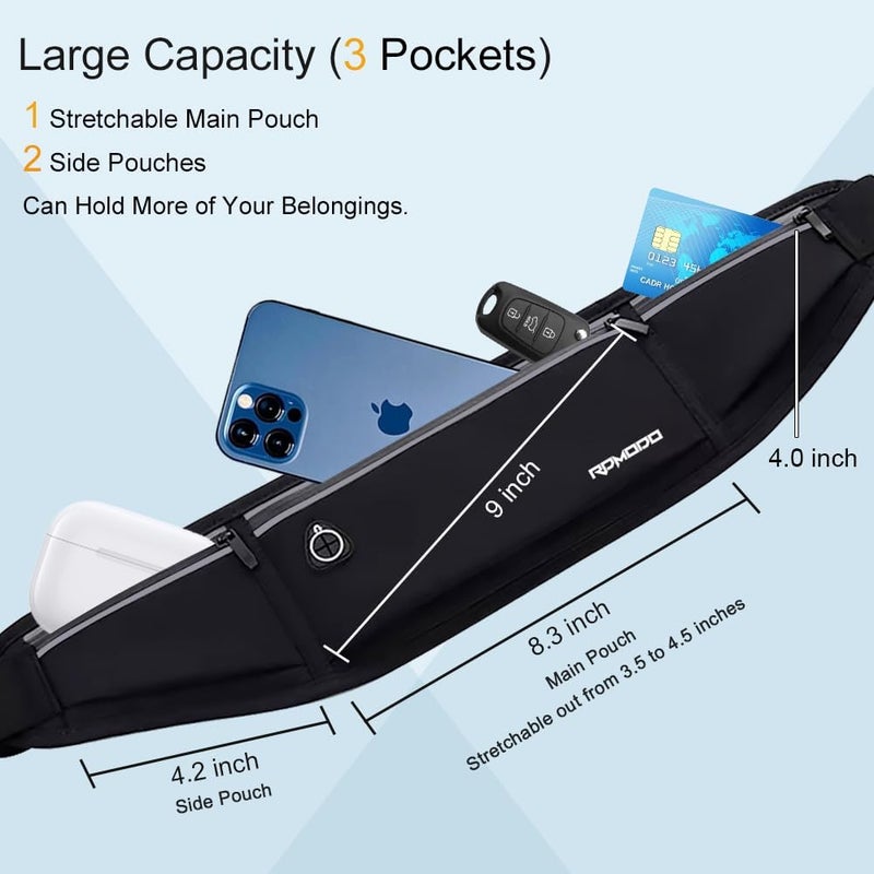 RDMODO Slim Running Belt，Water Resistant Fanny Pack for Women Men，3 Pocket Phone Holder for Running Walking Cycling，Adjustable Reflective Running Waist Bag for iPhone 16 15 14 13 Pro Max Samsung Black - Image 3